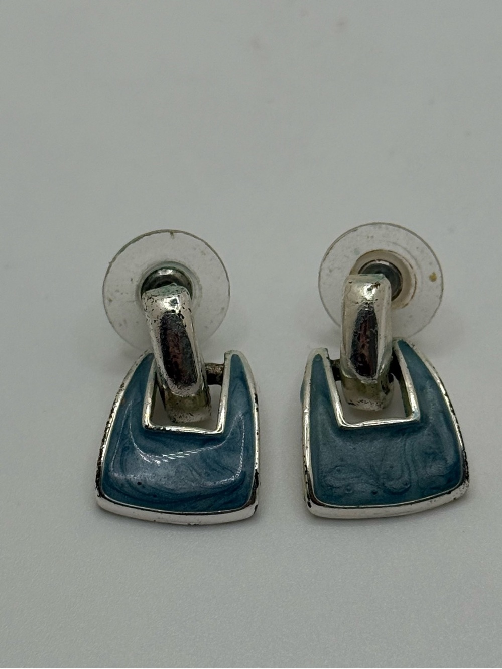 Vintage 1980s Blue Marbled Enamel Dangle Earrings Silver Tone Geometric Retro
